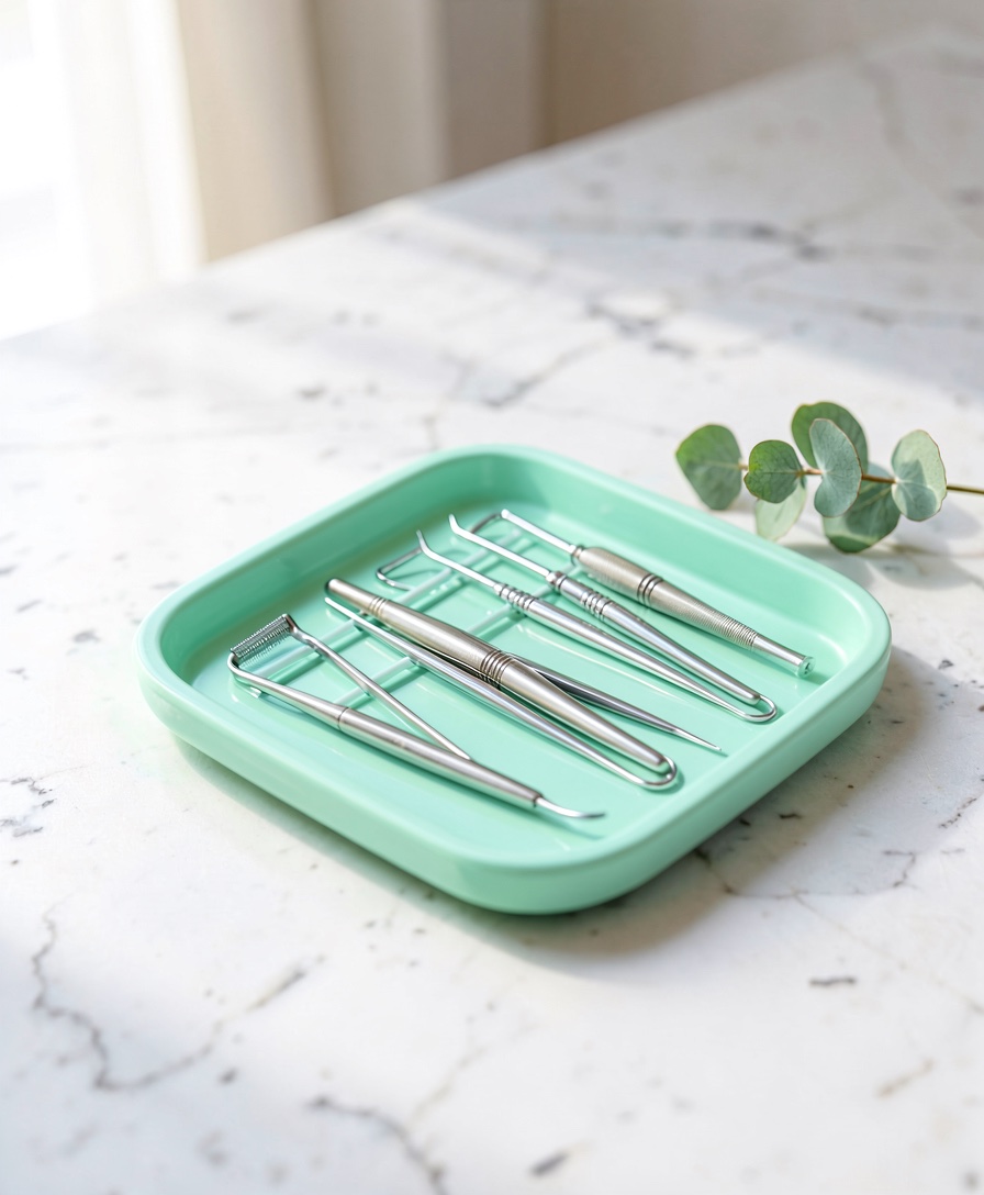 A small mint-coloured tray with dental instruments and a sprig of eucalyptus on a marble surface