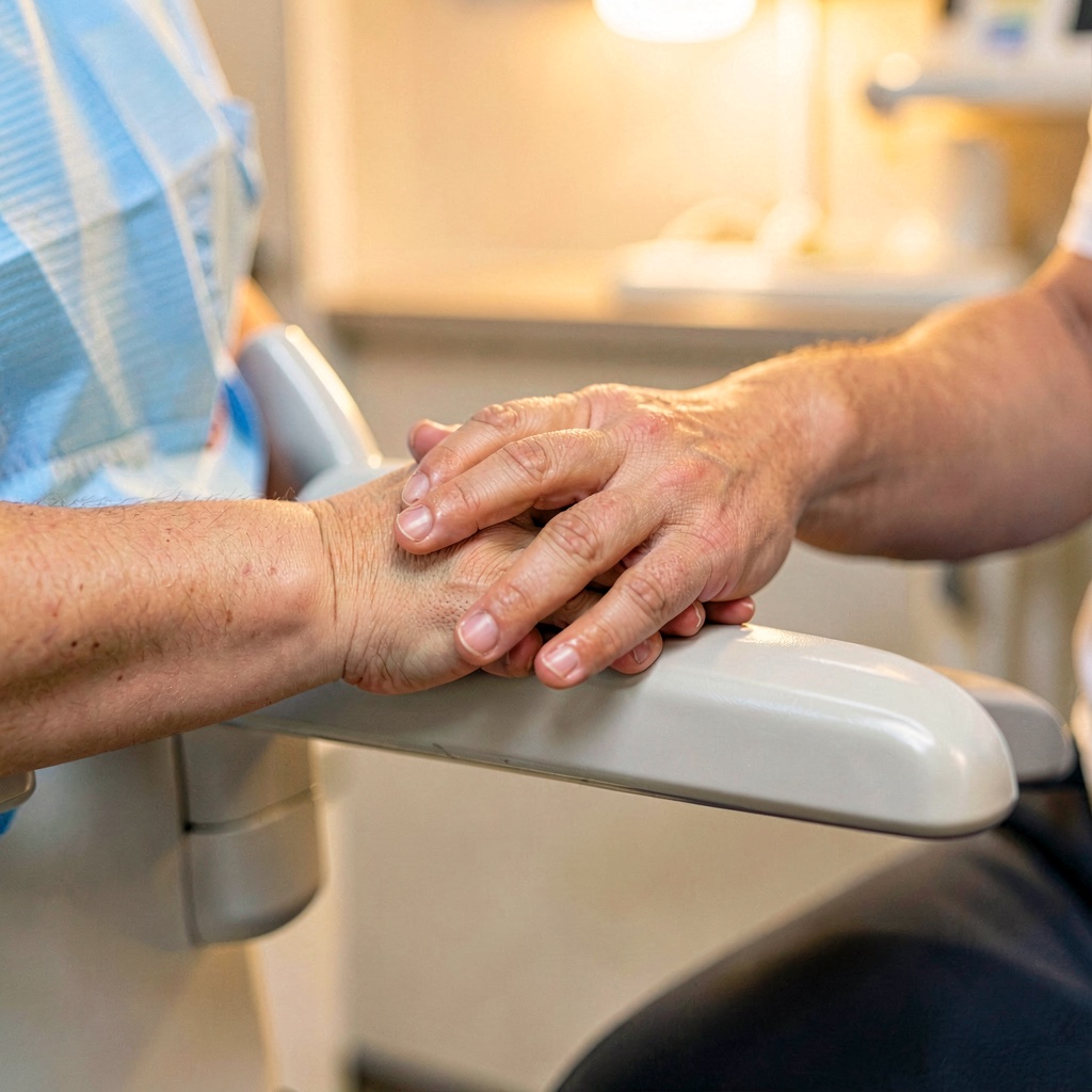 A relaxed patient smiling in a treatment chair while a dentist explains care, in calm window light